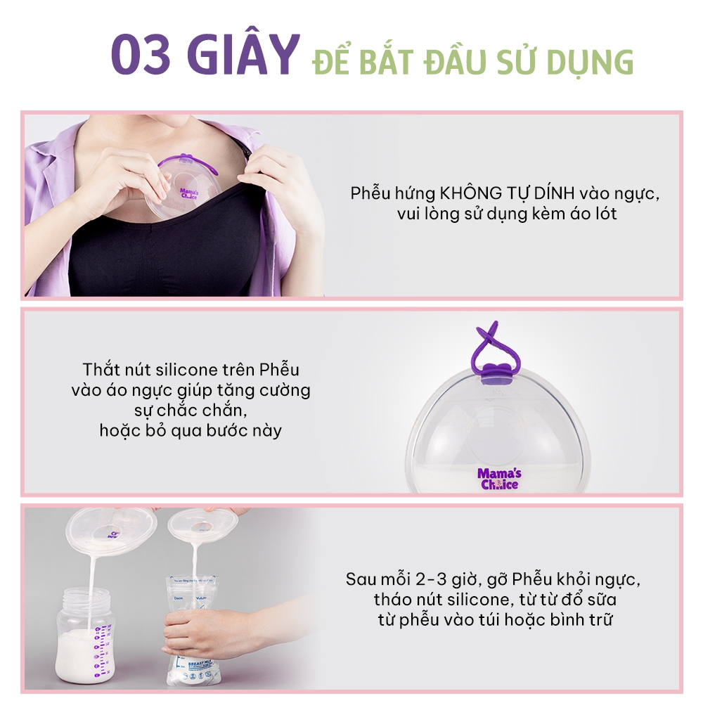 Phễu Hứng Sữa Mama's Choice, Chất Liệu Silicone Cao Cấp, Có Nút Đậy Chống Tràn và Dây Đeo Chống Rơi (Hộp 2 Cái)