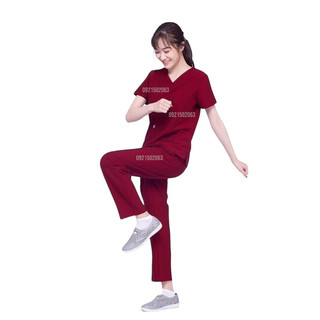 Đồng phục spa/ bộ túi đỏ đô cotton lạnh cao cấp