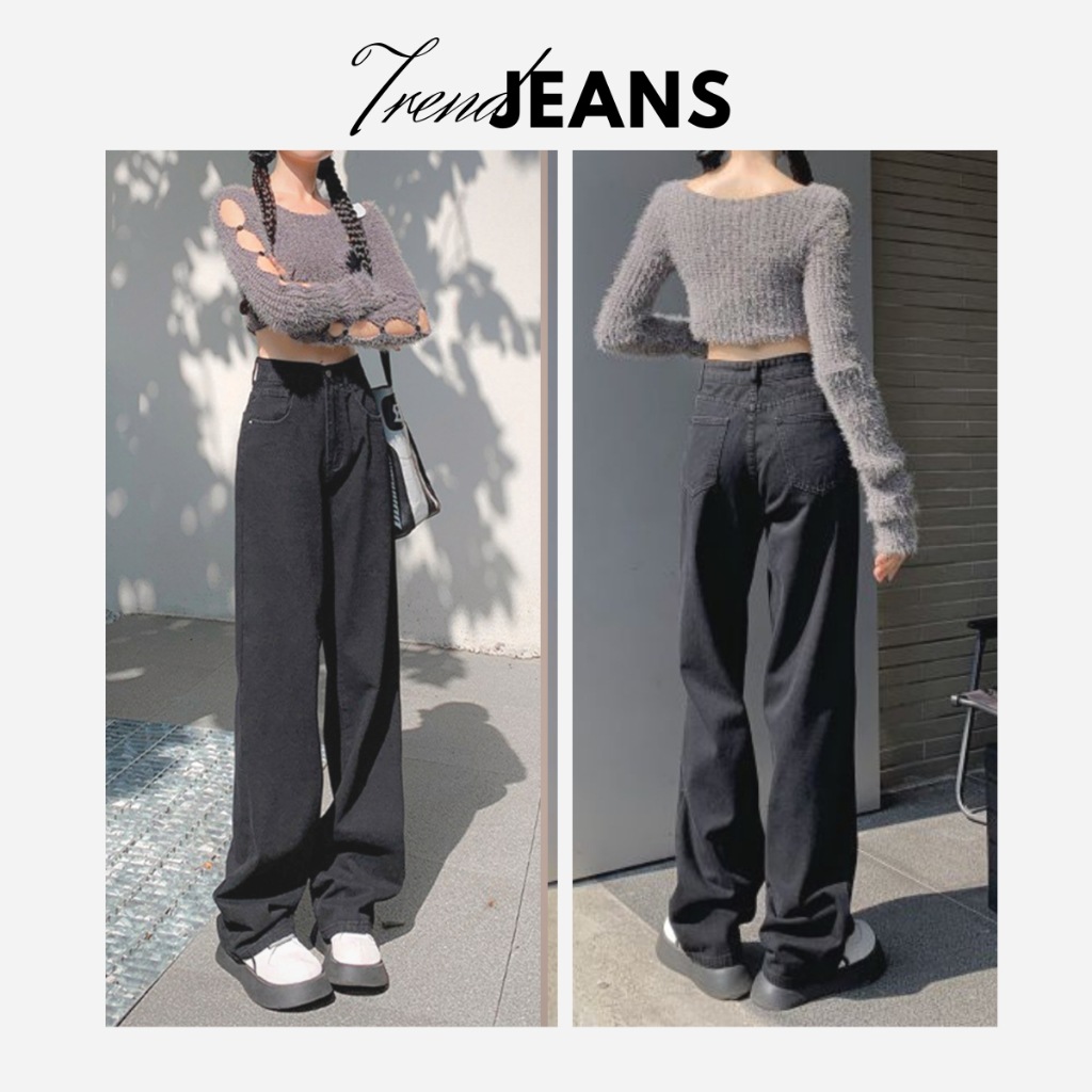 Quần Jeans ống rộng nữ TREAN JEANS, Quần bò nữ ống suông rộng baggy Ulzzang TR03 màu đen full phong cách Hàn Quốc  2022