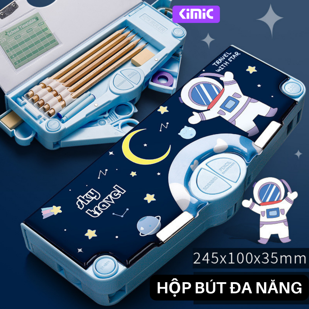 Hộp bút nhiều ngăn đa năng cho bé Kimic in hình dễ thương đựng nhiều đồ tiện dụng
