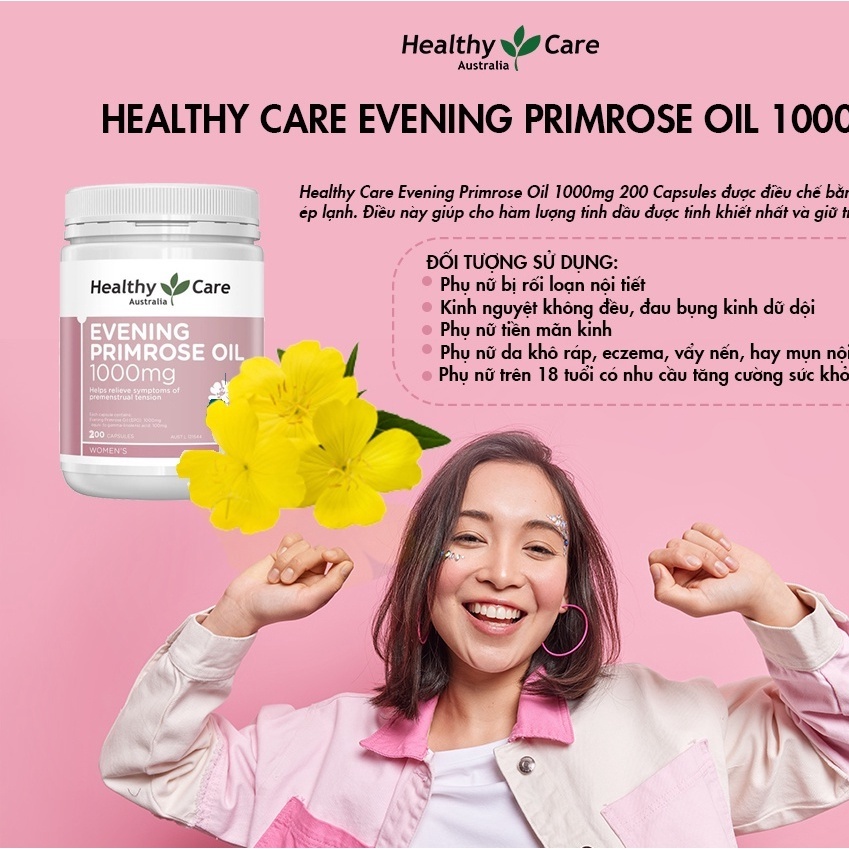 Tinh dầu hoa anh thảo Úc Evening Primrose Oil 1000mg Healthy Care điều hòa nội tiết, giúp đẹp da, tóc, móng 200 viên