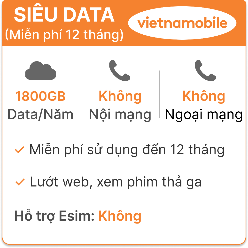 Sim dùng 1 năm Sim Vietnamobile data 4G 5GB Ngày 150GB tháng vào mạng 12