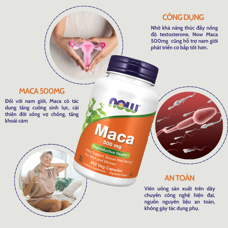 Viên uống hỗ trợ sức khỏe sinh sản tăng cường sinh lý cho nam và nữ cân bằng nội tiết tố nữ giới Now Maca 500mg 250 viên