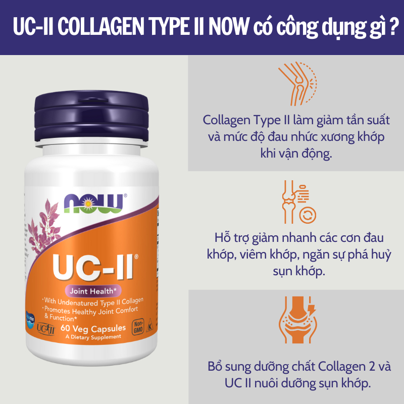 Viên uống hỗ trợ xương khớp, đau khớp tăng dịch nhầy cho khớp Now UC-II Collagen Type II Joint Health 60 Viên