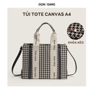 Túi xách tote vải canvas vừa A4 đựng lap top ipad có khóa kéo dây đeo chéo thời trang công sở du lịch Gọn Gàng