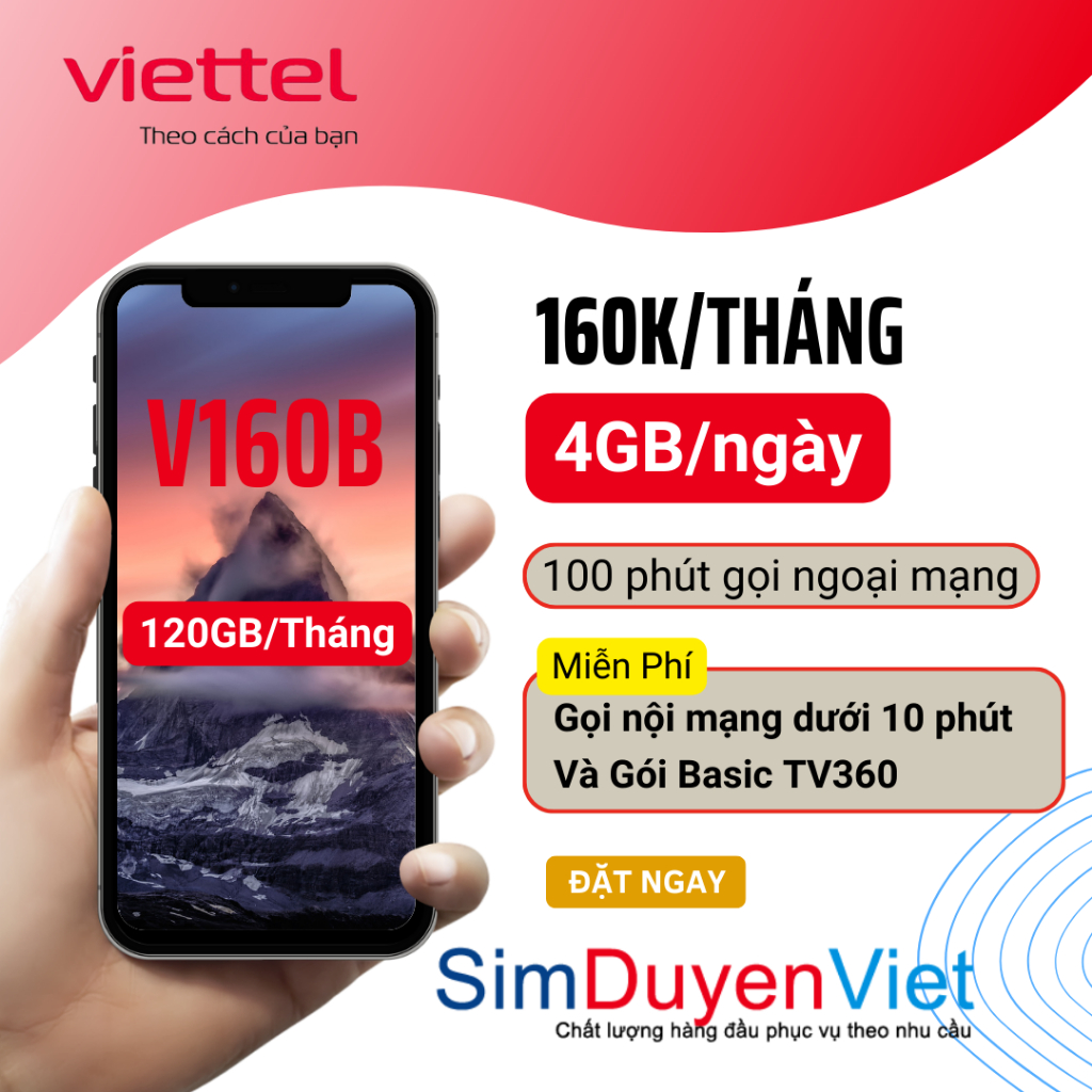 Sim Viettel 4G có sẳn gói V160B 4GB/Ngày, gọi nội mạng miễn phí, 100 phút ngoại mạng, chỉ 160k/tháng