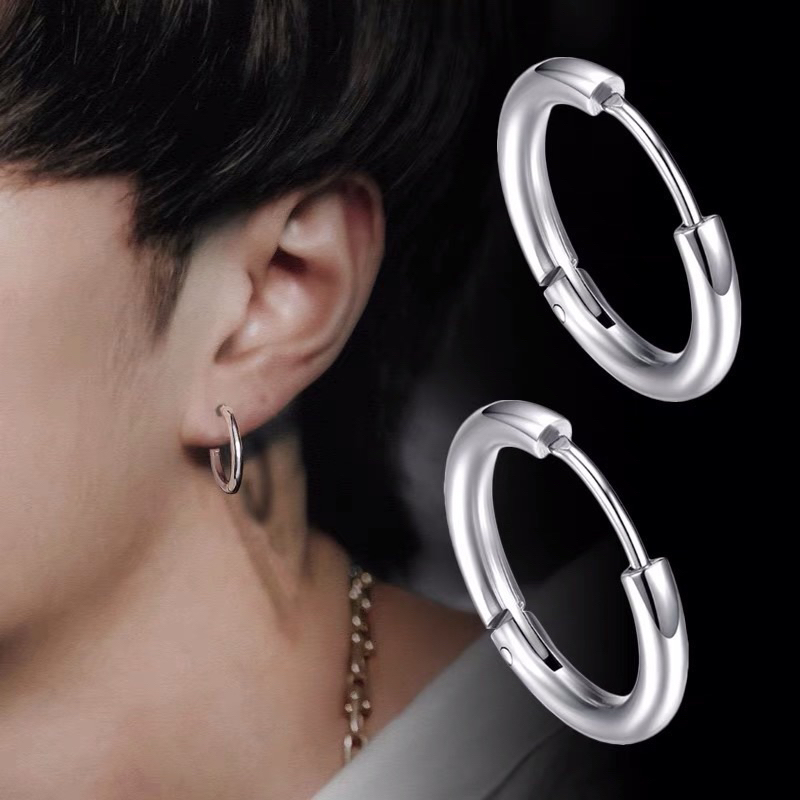 Khuyên tai bông tai nam nữ bạc tròn xỏ lỗ dày thép thép titan không gỉ phong cách hiphop thời trang Hàn Quốc KT32
