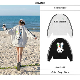 Áo sweater form boxy Kill System hình thỏ Cozy màu xám viền sọc tay chất vải chân cua