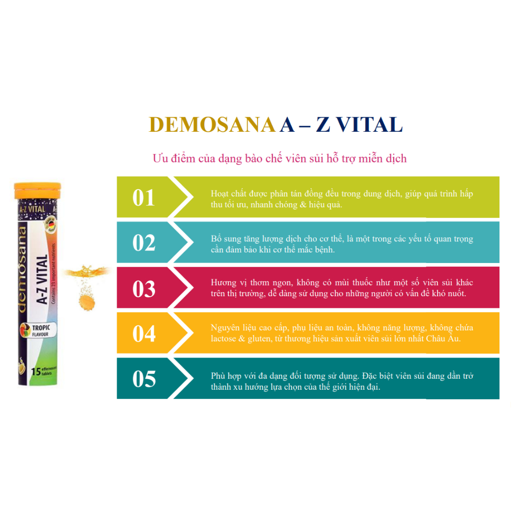 Viên sủi bổ sung 23 Vitamin và khoáng chất cần thiết cho cơ thể DEMOSANA SỦI VITAMIN A-Z VITAL