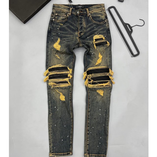 Quần Jean Nam Xanh Bụi Vẩy Sơn Loang Tua Vàng Vá Da Nhăn Đen Quần Bò Nam Xanh Sẫm Vladak Lót Da Cao Cấp