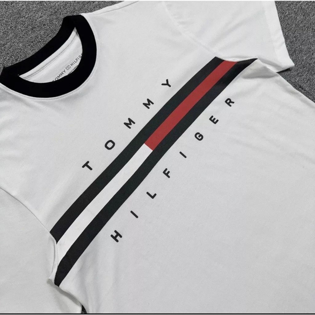 Áo Phông Unisex Tommy Hilfiger Thêu Sọc Đen Trắng Đỏ - Áo Phông Chất Cotton Bản Đẹp cHuẩn Phong Cách Boy Phố