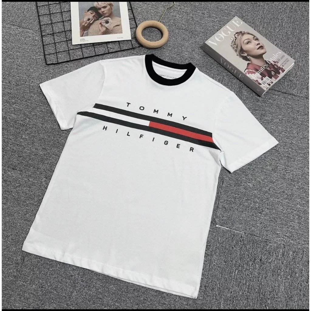 Áo Phông Unisex Tommy Hilfiger Thêu Sọc Đen Trắng Đỏ - Áo Phông Chất Cotton Bản Đẹp cHuẩn Phong Cách Boy Phố