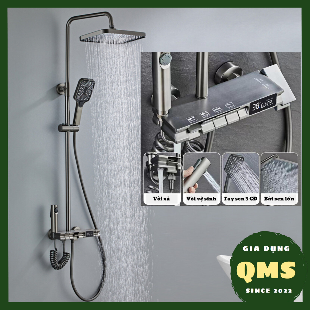 Bộ sen cây tắm đứng nóng lạnh 4 phím đàn củ đồng chữ nhật nguyên khối có bảng hiển thị nhiệt độ điện tử - Bảo hành 2 năm