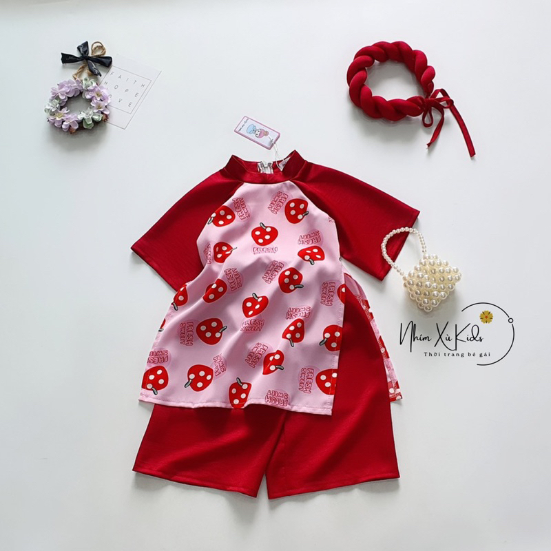 Áo Dài Cách Tân Lụa Mango Màu Hoa Xanh NHÍM XÙ KIDS Kèm Mấn Cho Mẹ Và Bé 5kg - 64kg - AD116