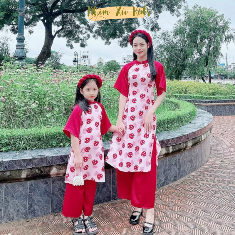 Áo Dài Cách Tân Lụa Mango Màu Hoa Xanh NHÍM XÙ KIDS Kèm Mấn Cho Mẹ Và Bé 5kg - 64kg - AD116