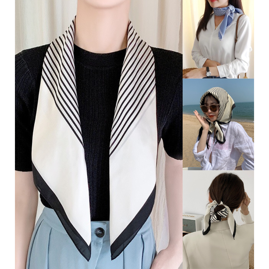 Khăn lụa vuông turban làm áo quấn tóc xinh xắn mẫu kẻ size 70*70cm - Mã 7002