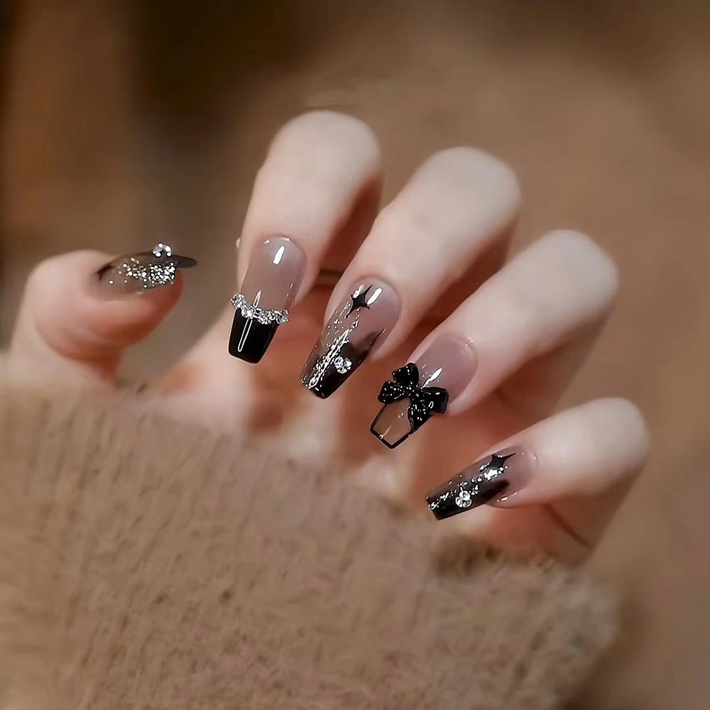 Bộ 24 móng tay giả đính đá màu đen, Móng tay giả đính nơ màu đen, Nailbox dài nhọn, Nail xinh
