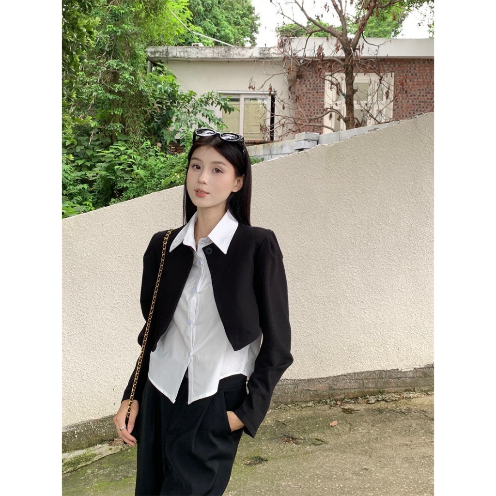 Set áo sơ mi nữ phối blazer dài tay dáng croptop tay dài thiết kế 1 cúc phối sơ mi cổ bẻ sang chảnh-Setsomiphoiblazer517