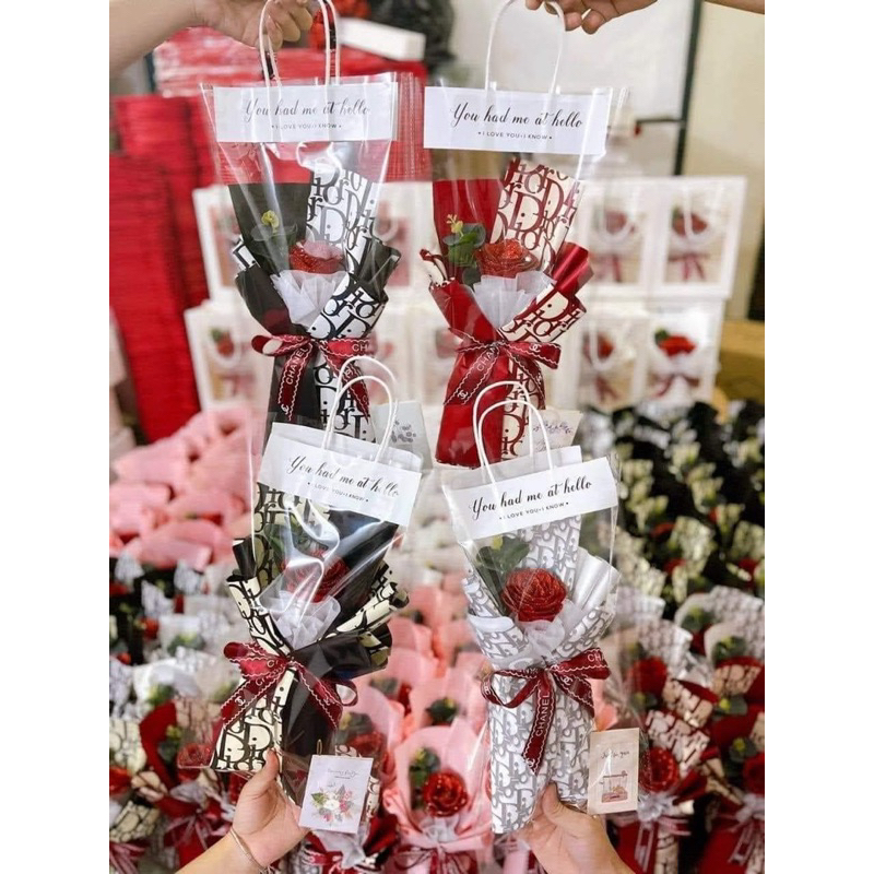 Bó Hoa Hồng Sáp Nhũ 1 Bông Tặng Kèm Túi + Thiệp