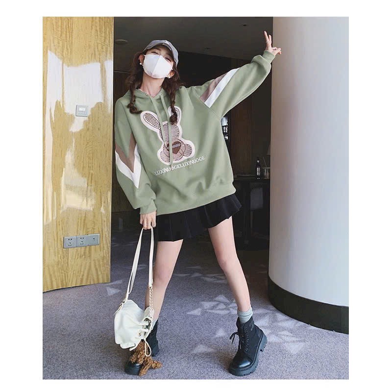 Áo khoác hoodie nữ chất nỉ lót bông basic in tai thỏ tay chạy sọc trắng đen dáng rộng phong cách thời trang