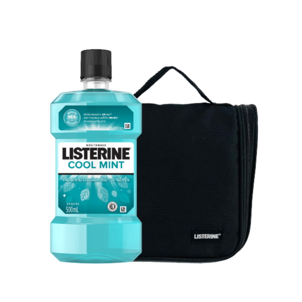 [GIFT] Combo Nước Súc Miệng Giữ Hơi Thở Thơm Mát Listerine Coolmint 500ml + Túi du lịch Listerine