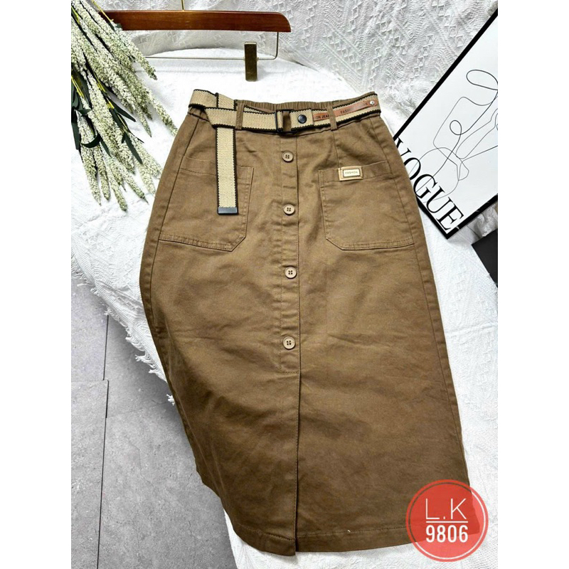 #9806 CHÂN VÁY THÔ KAKI DÁNG DÀI KÈM ĐAI LƯNG HÀNG NHẬP KHẨU LOẠI ĐẸP