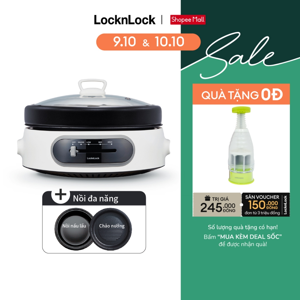 Nồi điện đa năng chống dính Lock&Lock Multi Cooker 4L 26cm màu trắng EJP544WHT chảo nướng và lẩu