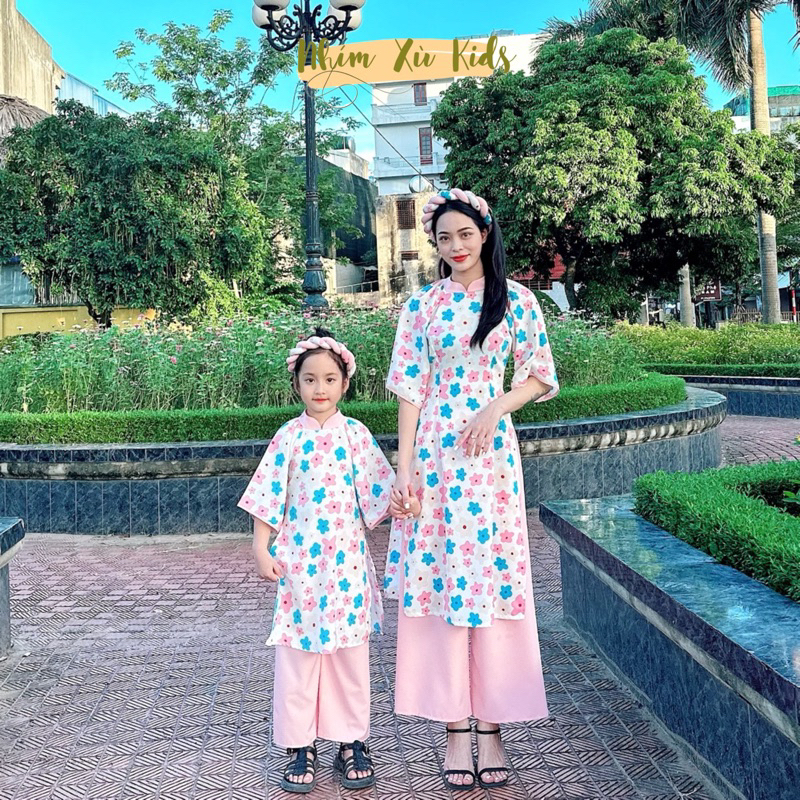 Áo Dài Cách Tân Tơ Hoa Kèm Mấn Cho Mẹ Và Bé Gái 4 Đến 64kg