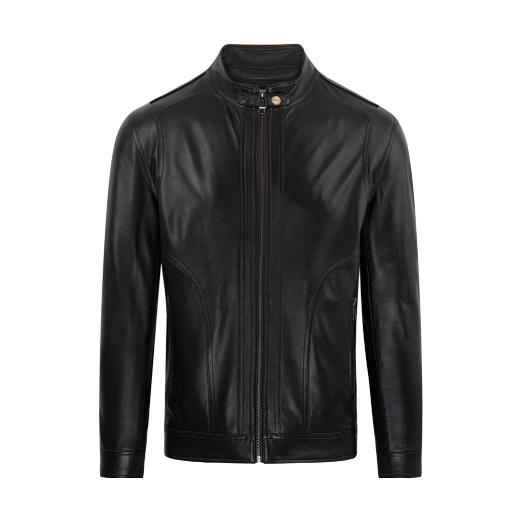 Áo da nam Ftt Leather Racer Jacket túi vòng cung 100% da dê, da cừu cao cấp màu đen - Mã AD207