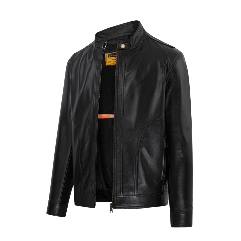 Áo da nam Ftt Leather Racer Jacket túi vòng cung 100% da dê, da cừu cao cấp màu đen - Mã AD207