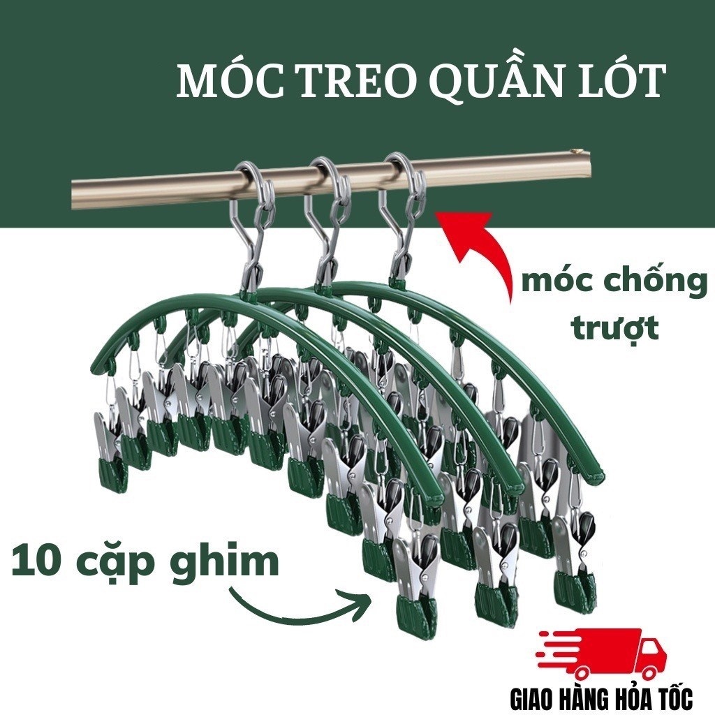 Móc Treo Đồ Lót, Móc Treo Tất Vớ Đa Năng, 10 Kẹp Kim Loại Chắc Chắn Chịu Lực Tốt Không Bị Bay Khi Phơi Đồ