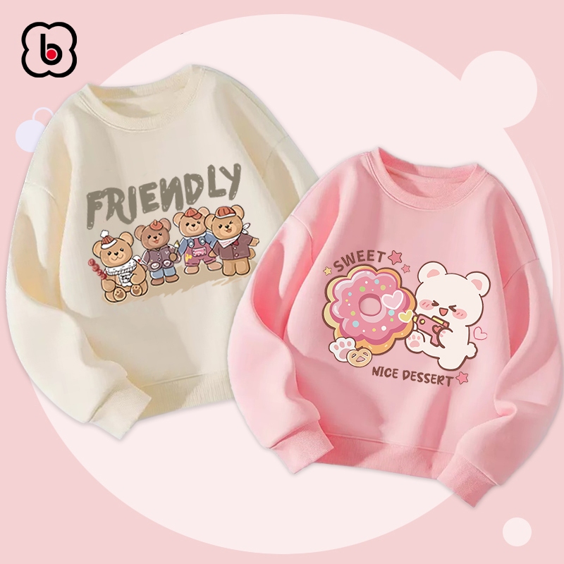 Áo dài tay bé gái BabyloveGO 2024 áo sweater nỉ da cá thu đông cho bé in hình gấu ngộ nghĩnh đáng yêu