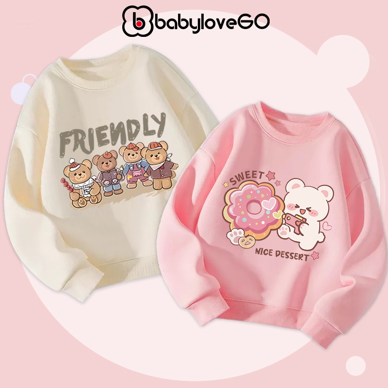 Áo dài tay bé gái BabyloveGO 2024 áo sweater nỉ da cá thu đông cho bé in hình gấu ngộ nghĩnh đáng yêu