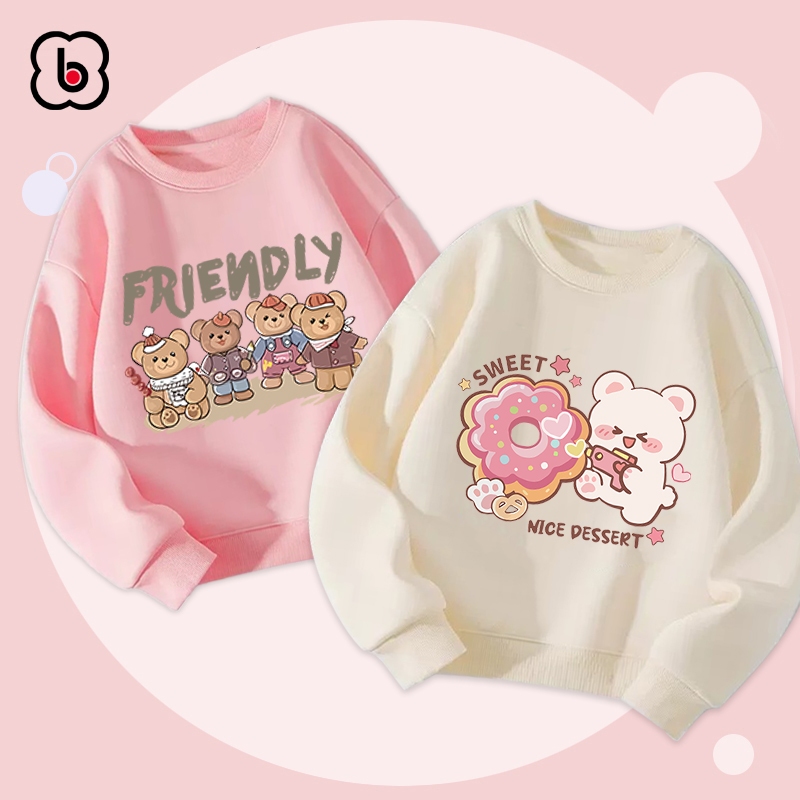 Áo dài tay bé gái BabyloveGO 2024 áo sweater nỉ da cá thu đông cho bé in hình gấu ngộ nghĩnh đáng yêu