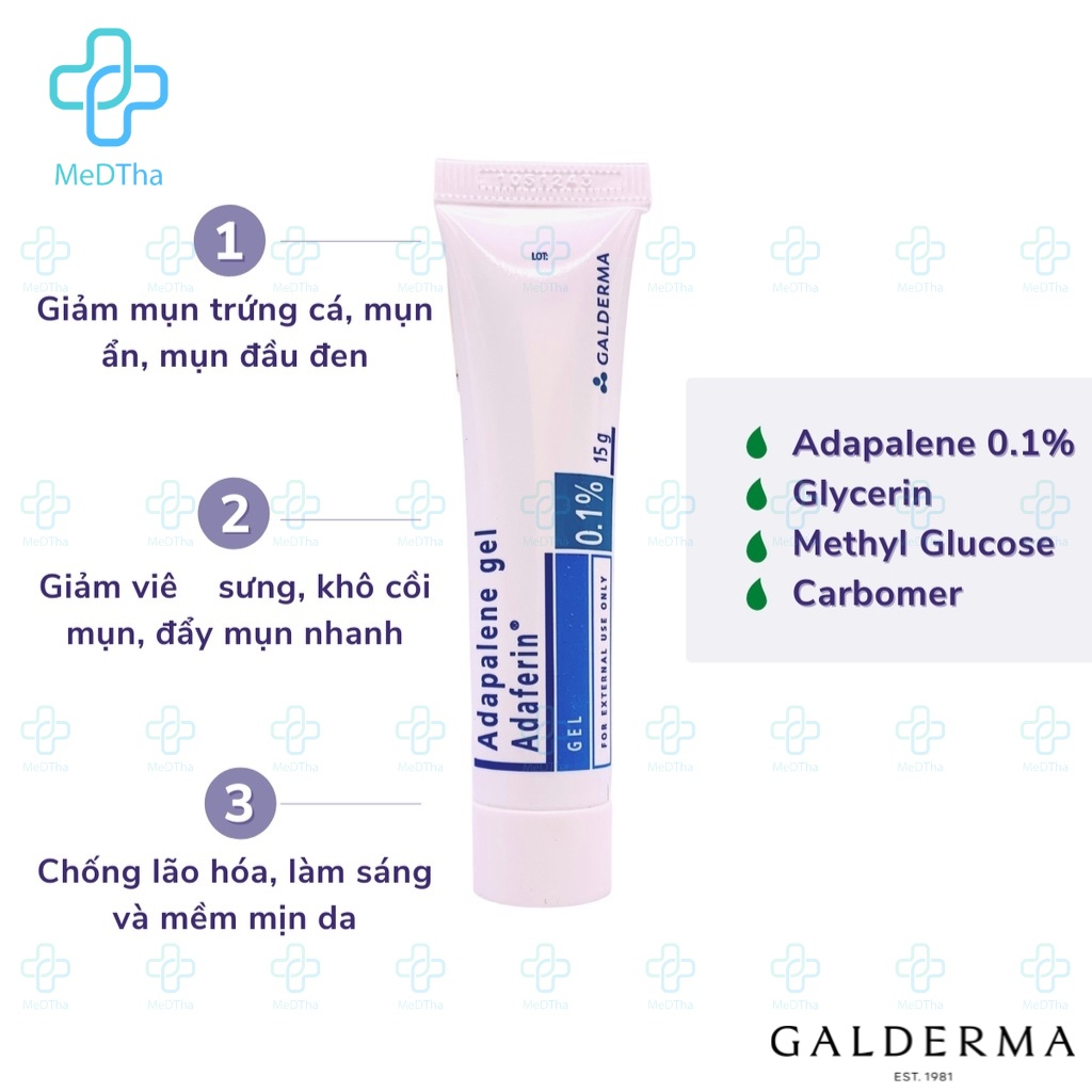 Adaferin gel 0.1% adapalene kem chấm mụn giảm mụn ẩn căng bóng Galderma chính hãng dung tích 15 gram