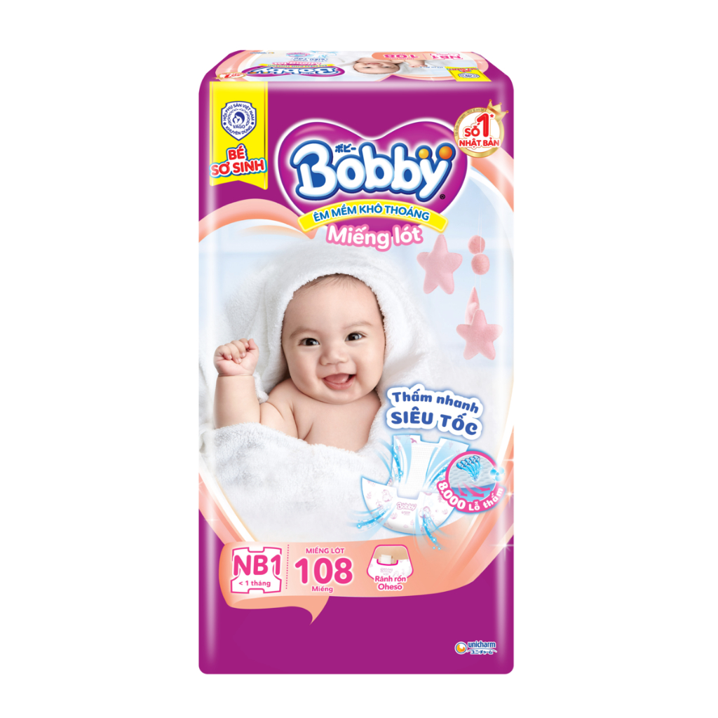 Bỉm/Miếng lót Bobby NB1 64M và 108M