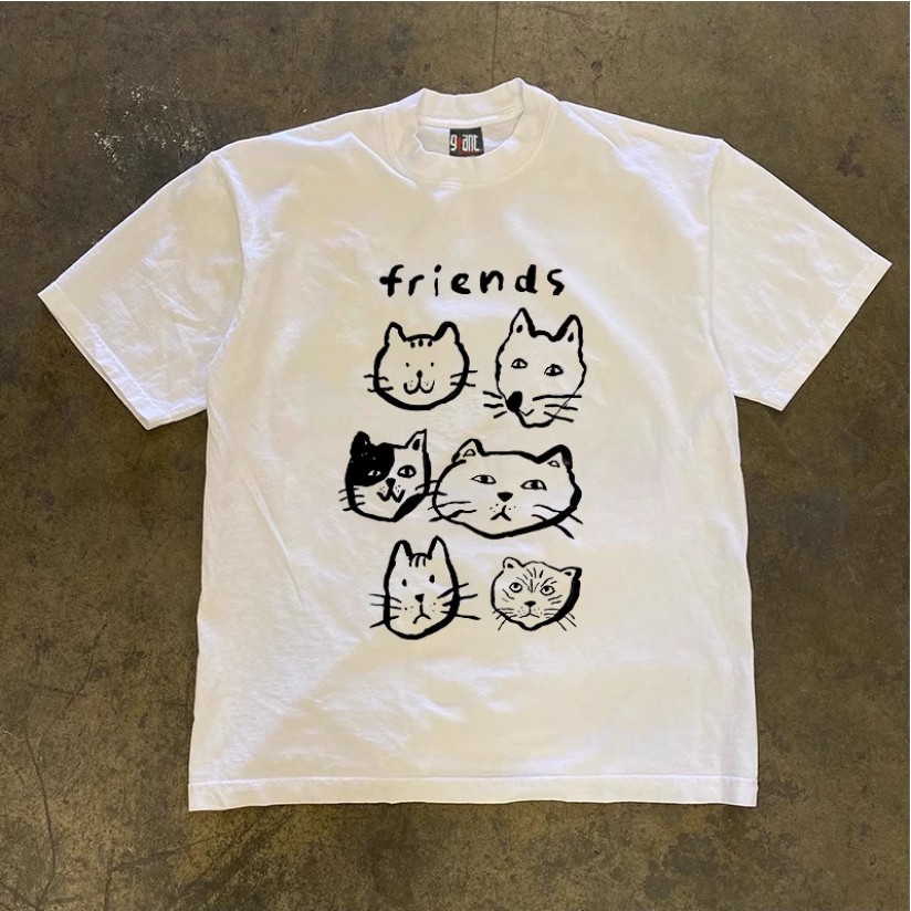 Áo Phông Hè Nam Nữ Cổ Tròn Phối Hình Mèo FRIEND Cá Tính, Chất Liệu Cotton Khô Mềm Mịn Thoáng Khí Thấm Hút Mồ Hôi Tốt