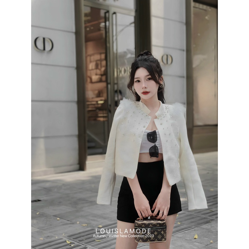 Áo Khoác Dạ Tweed Đính Đá Sang Chảnh Phối Lông Vai