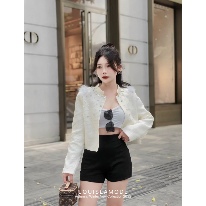 Áo Khoác Dạ Tweed Đính Đá Sang Chảnh Phối Lông Vai