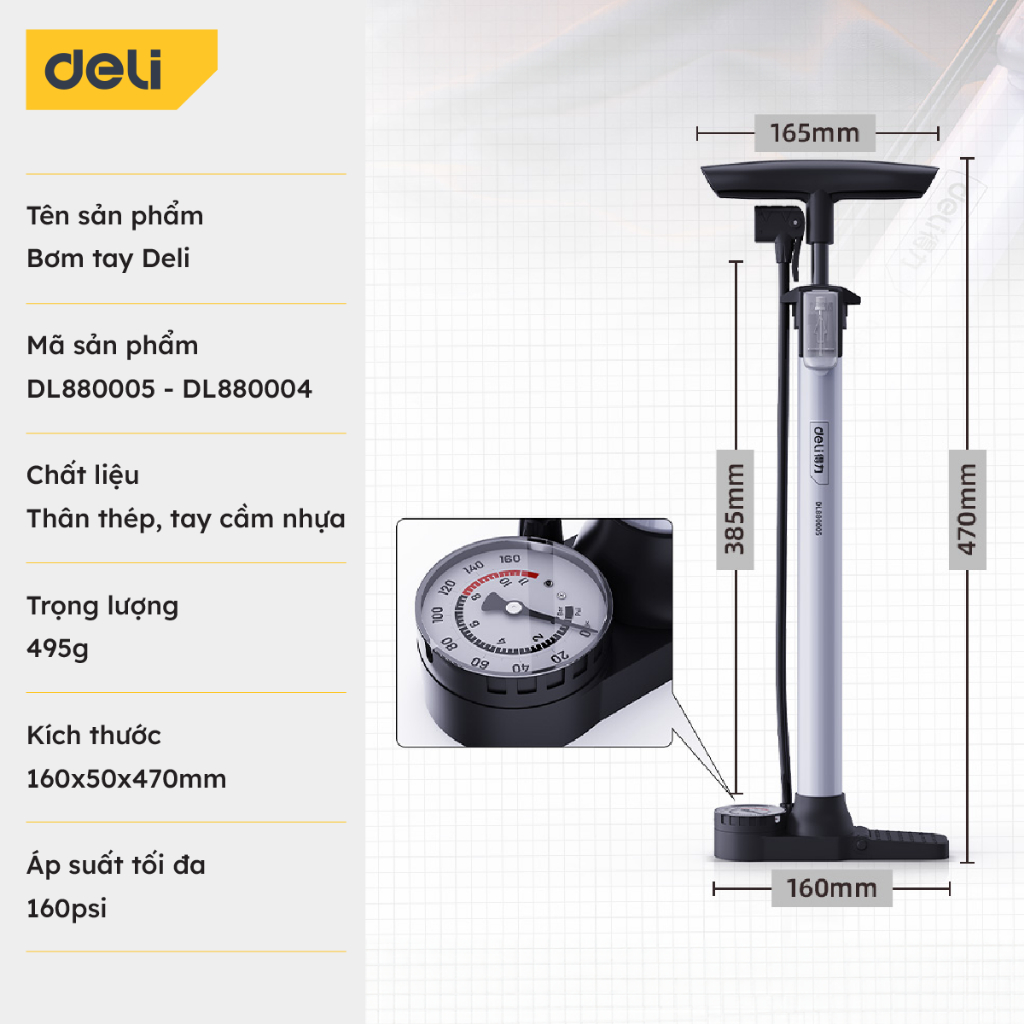 Bơm Xe Đạp Xe Máy Deli Tools Tích Hợp Đồng Hồ Áp Suất Tối Đa 160psi Nhỏ Gọn Dễ Dàng Mang Theo Mọi Nơi DL880005