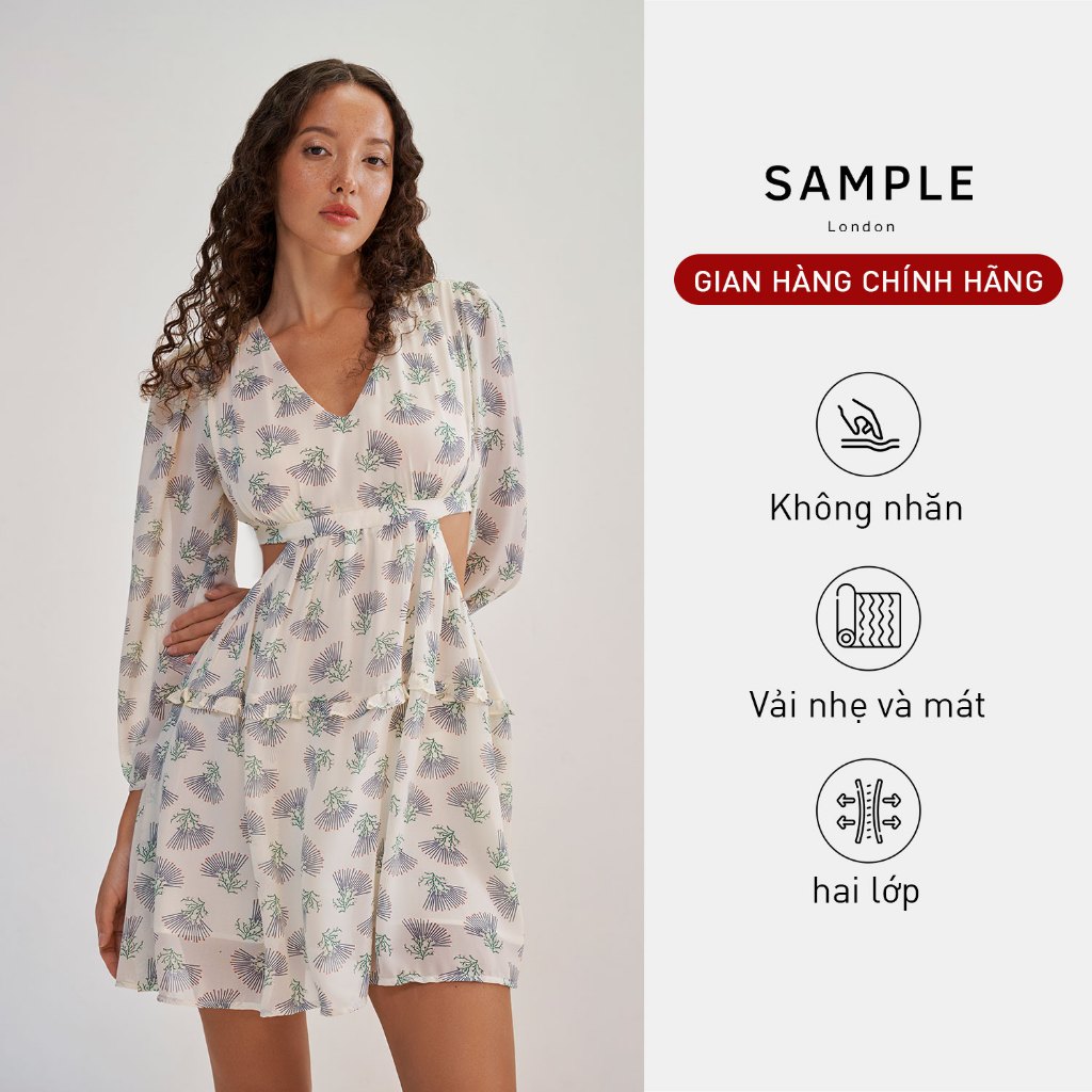 Đầm voan chiffon cut out SAMPLE LONDON khoét eo in họa tiết hoa, tôn dáng và che khuyết điểm có thể đi chơi, dạo phố