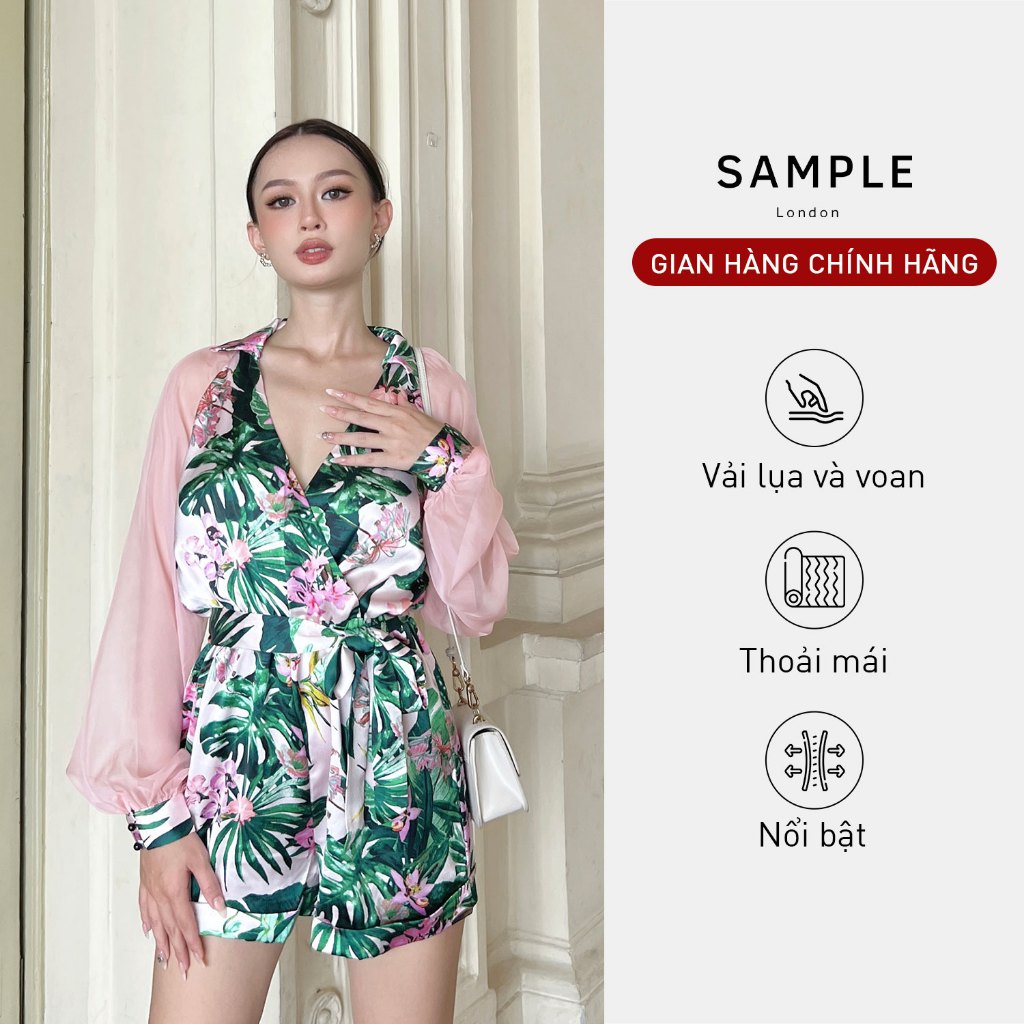 Bộ Summer Jumpsuit vải lụa và voan SAMPLE LONDON thoải mái, họa tiết nhiệt đới tươi vui phù hợp mặc đi chơi, đi tiệc