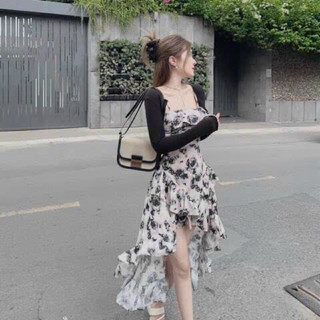Sét đầm hoa 2 dây bèo xếp tầng kèm áo khoác