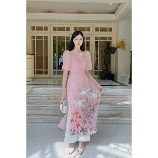 Áo dài cách tân tơ óng organza màu hồng ngắn tay đính kết cực đẹp