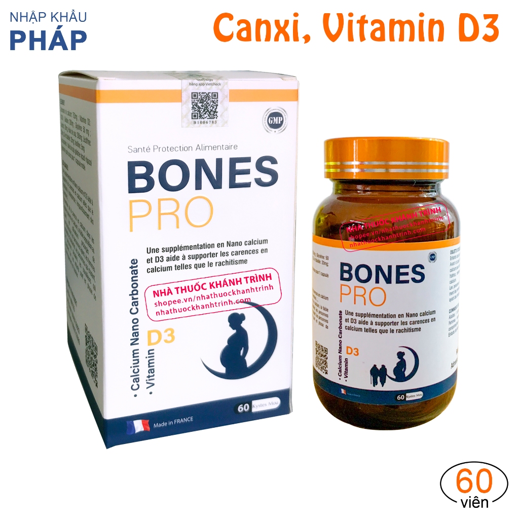 (nhập khẩu Pháp, hộp 60 viên) BONES PRO - Bổ sung Canxi Nano và D3 tiêu chuẩn Châu Âu