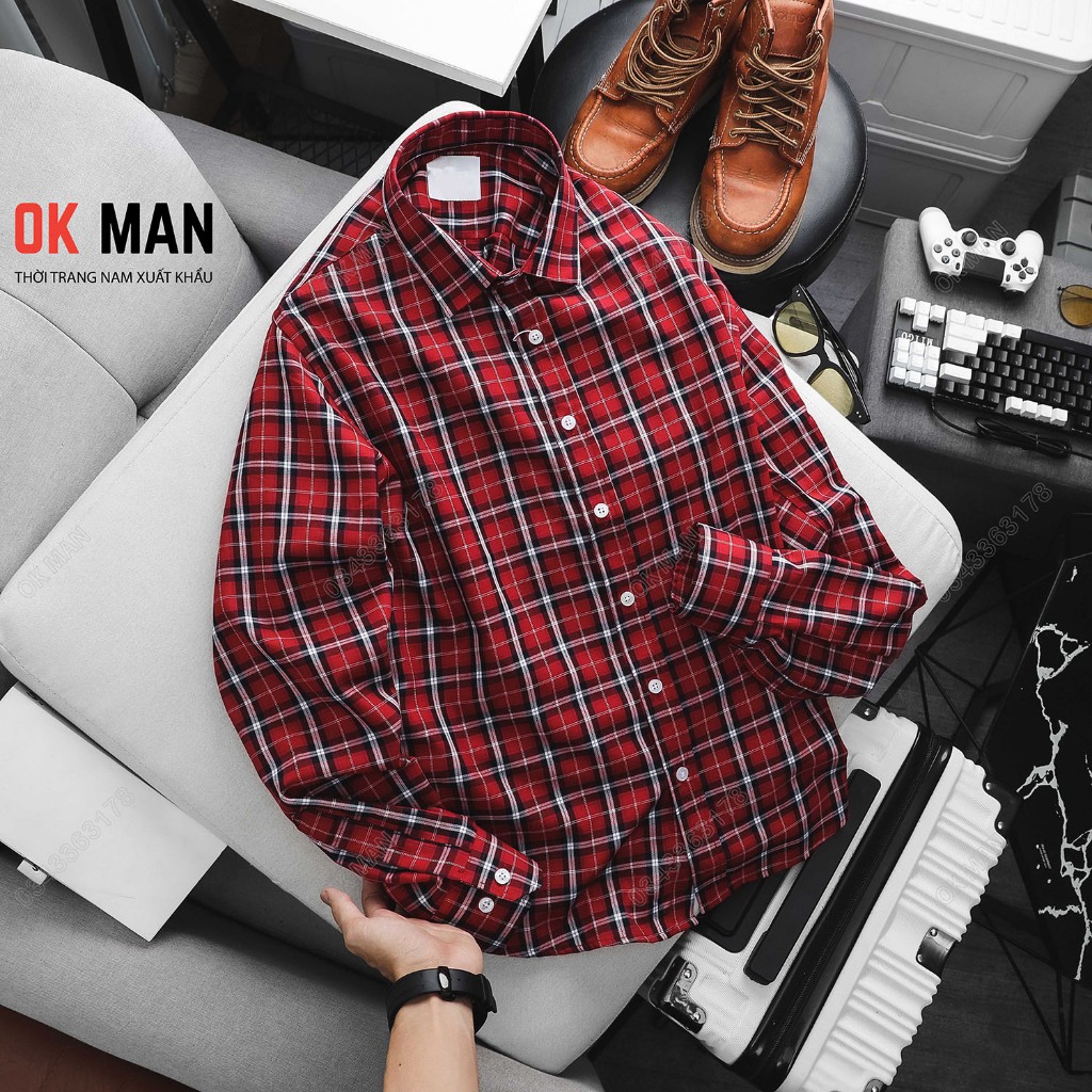 Áo sơ mi nam dài tay kẻ caro OKMAN form slimfit, chất liệu cotton