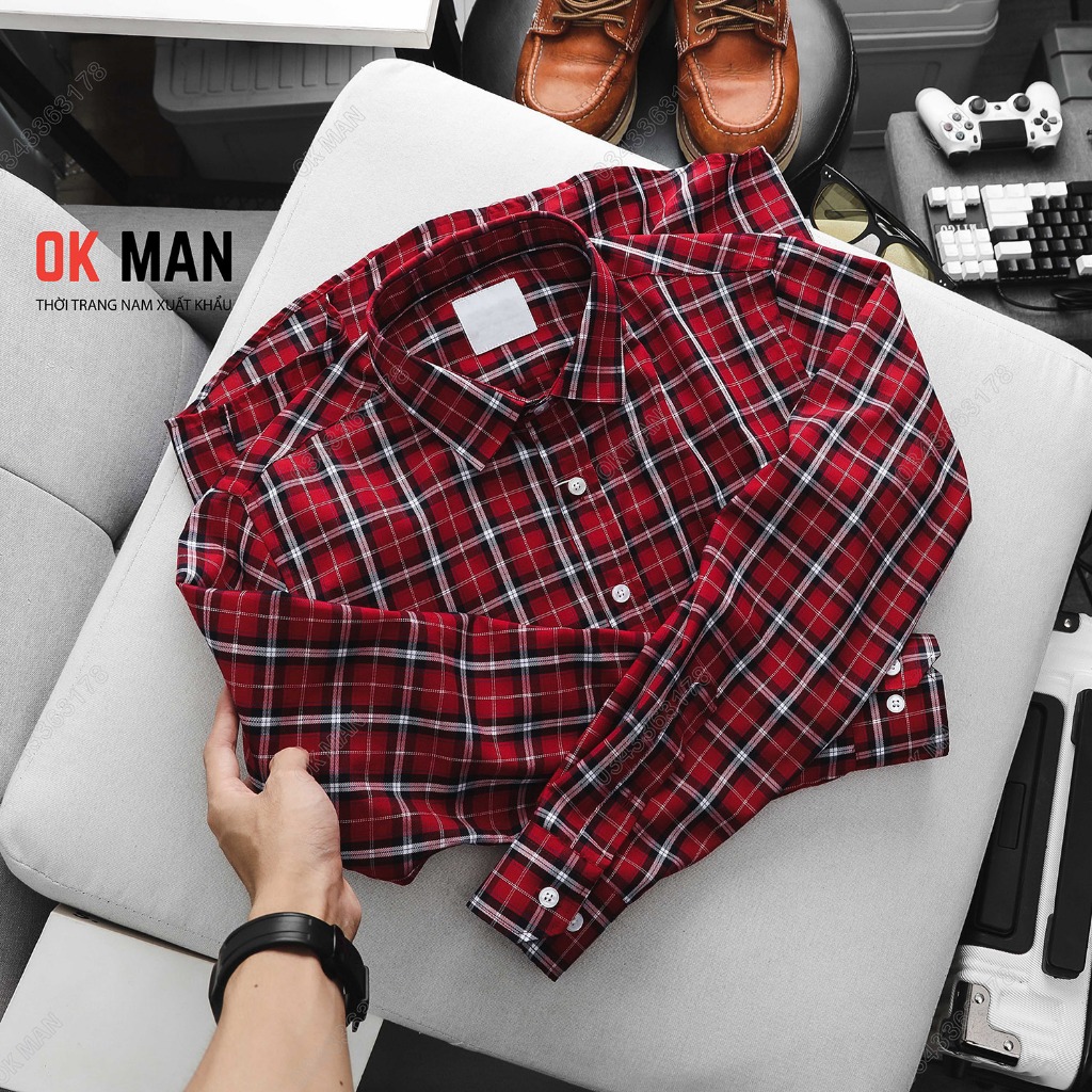 Áo sơ mi nam dài tay kẻ caro OKMAN form slimfit, chất liệu cotton