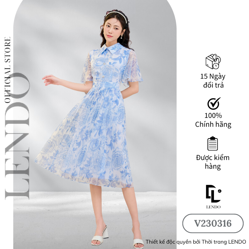 Váy Cánh Tiên Dập Ly Cổ Sơ Mi LENDO V230316