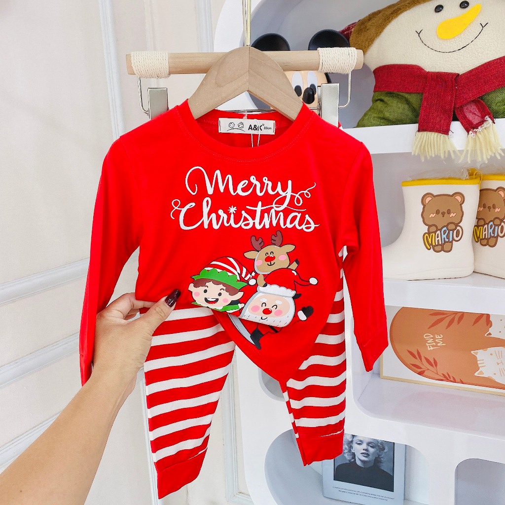 Bộ dài tay noel, minky thun lạnh sọc phối viền bo cho bé trai,gái dưới 1m2,từ 7kg đến 30kg  M.51