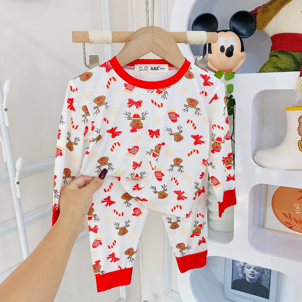 Bộ dài tay noel, minky thun lạnh sọc phối viền bo cho bé trai,gái dưới 1m2,từ 7kg đến 30kg  M.51